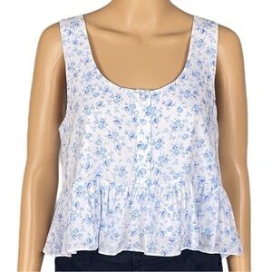 WAYF “Blue Ditsy” floral, sleeveless, lightweight peplum crop top. Small. EUC